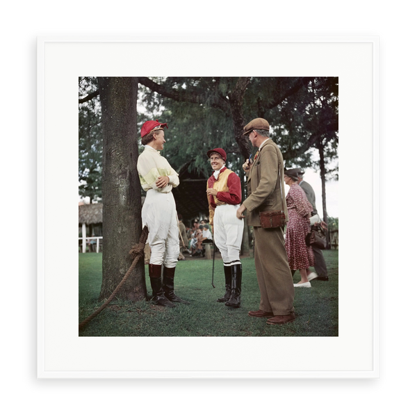 Illustrative matte-white framed preview with white inner border of Race Meeting Kenya by Slim Aarons. Proportions vary by size.