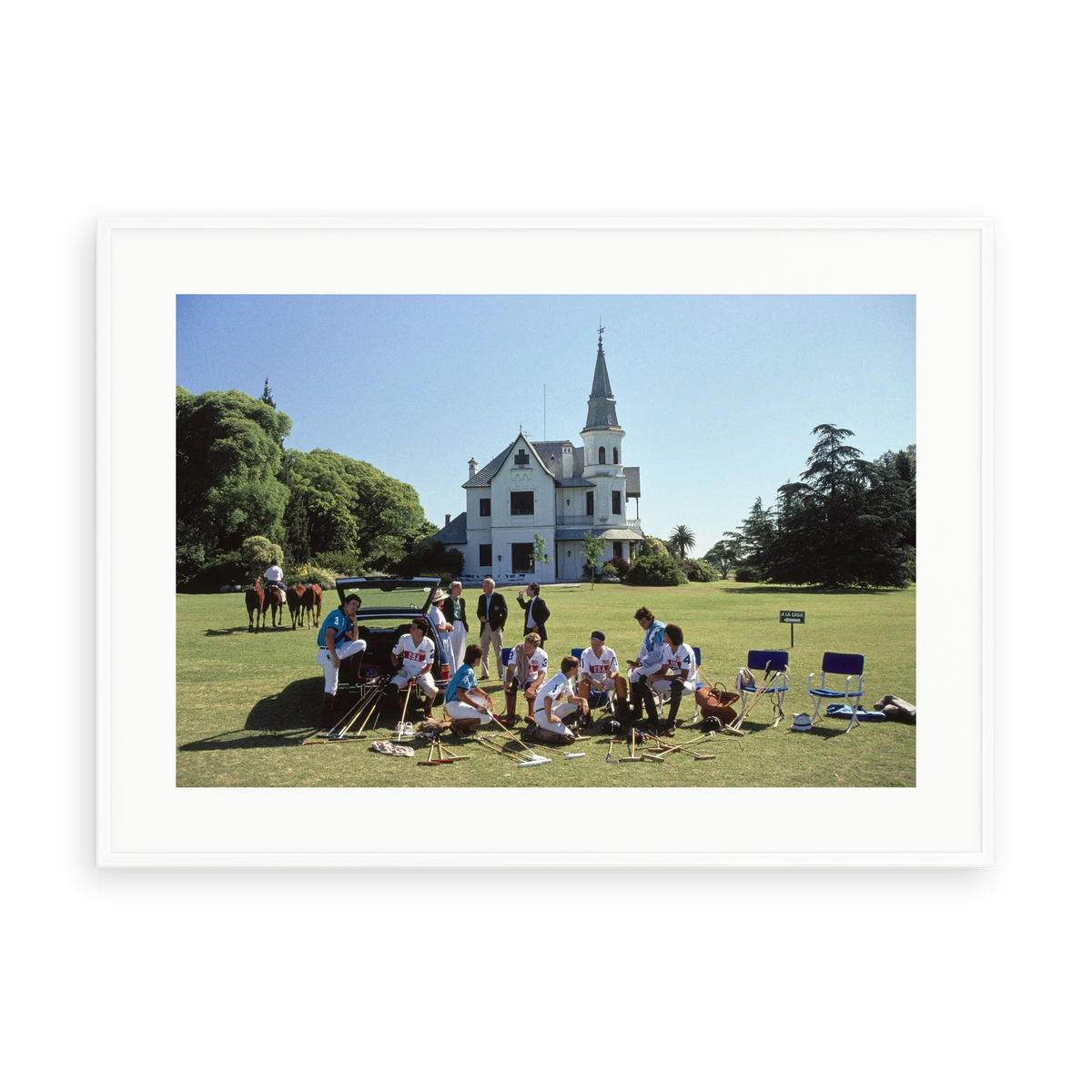 Illustrative matte-white framed preview with white inner border of Polo Teams in Buenos Aires by Slim Aarons. Proportions vary by size.