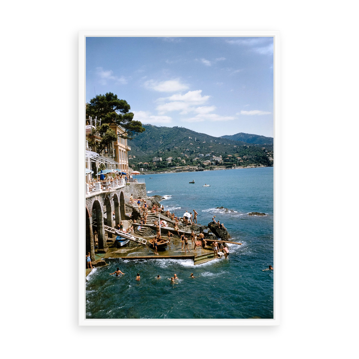 Illustrative matte-white floater-framed preview, without added mat, of Rapallo in Italy by Slim Aarons. Proportions vary by size.