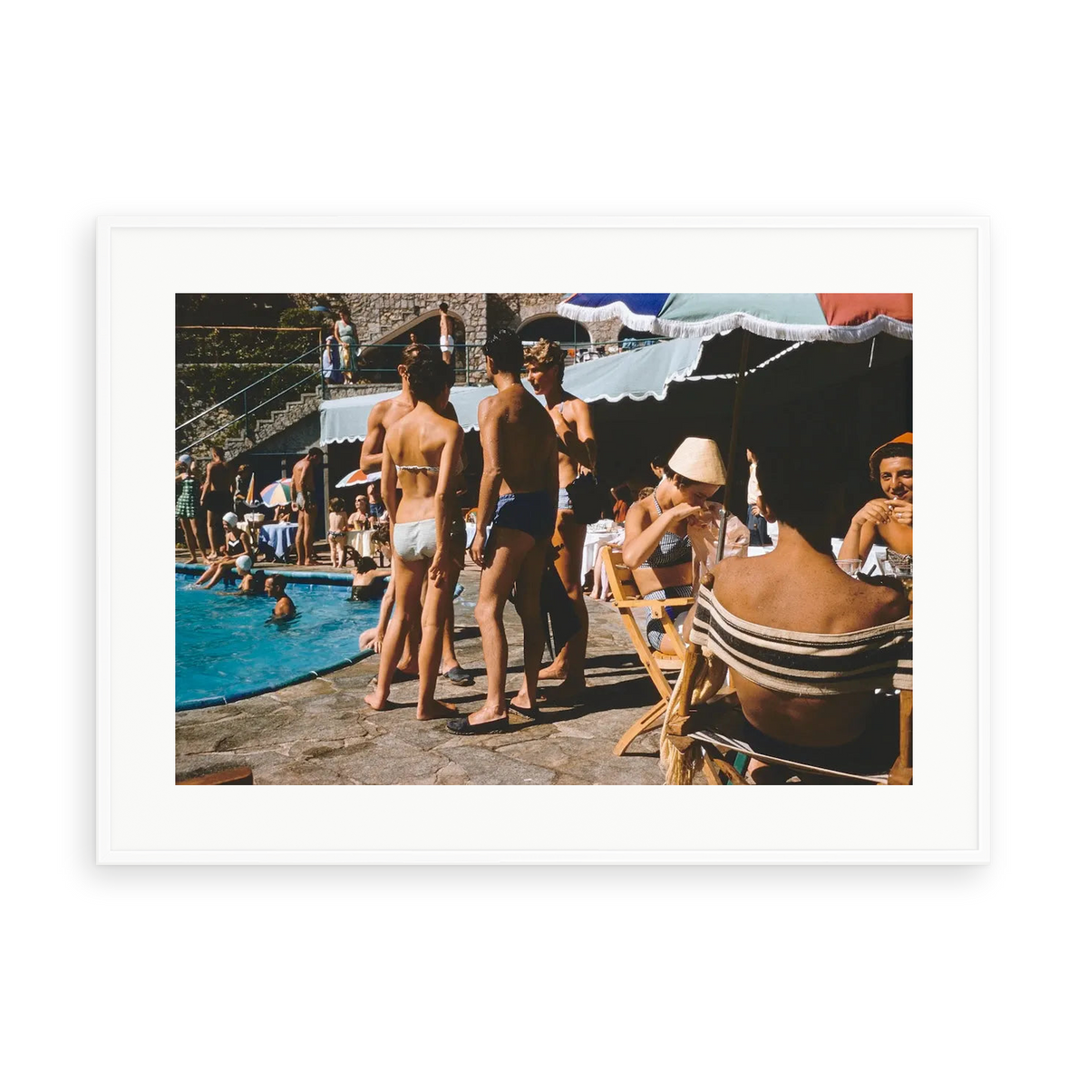 Illustrative matte-white framed preview with white inner border of Bathers at Marina Piccola by Slim Aarons. Proportions vary by size.