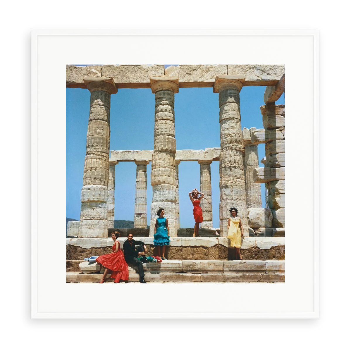 Illustrative matte-white framed preview with white inner border of Dimitris Kritsas by Slim Aarons. Proportions vary by size.