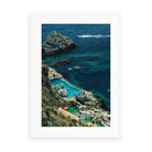 Illustrative matte-white framed preview with white inner border of Hotel Taormina Pool by Slim Aarons. Proportions vary by size.