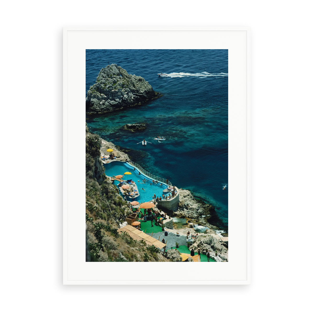 Illustrative matte-white framed preview with white inner border of Hotel Taormina Pool by Slim Aarons. Proportions vary by size.