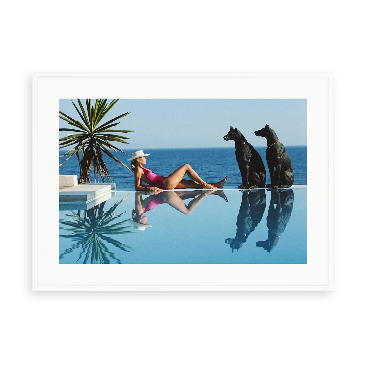 Illustrative matte-white framed preview with white inner border of Pantz Pool by Slim Aarons. Proportions vary by size.