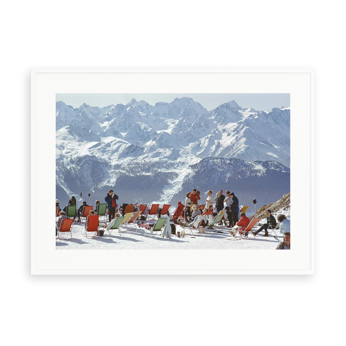 Illustrative matte-white framed preview with white inner border of Lounging In Verbier by Slim Aarons. Proportions vary by size.
