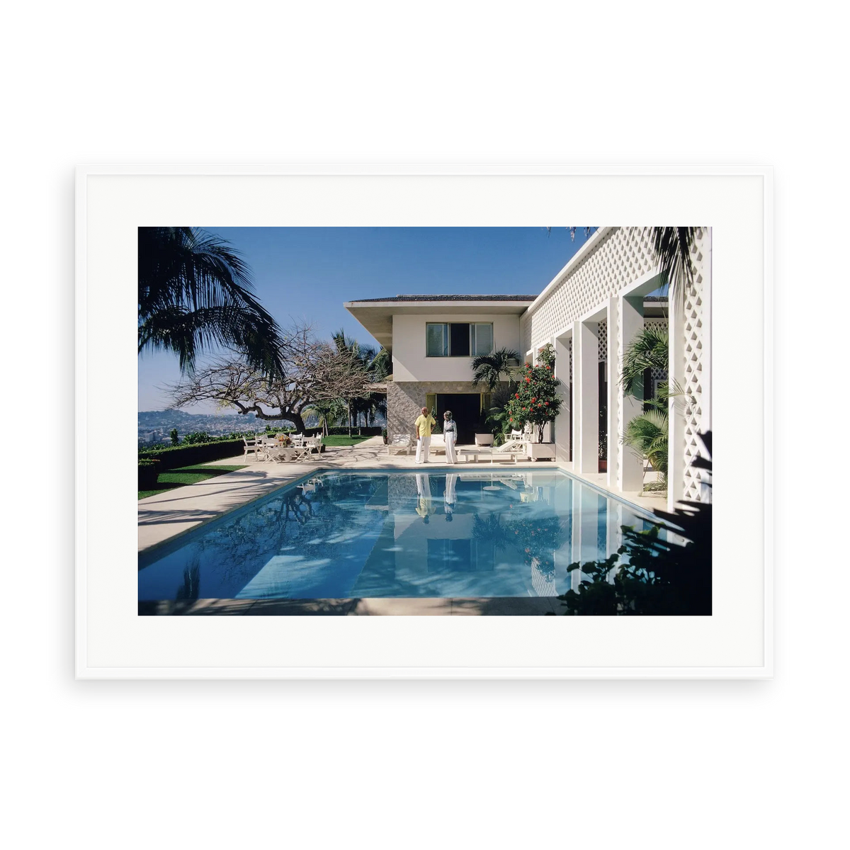 Illustrative matte-white framed preview with white inner border of Acapulco Pool by Slim Aarons. Proportions vary by size.