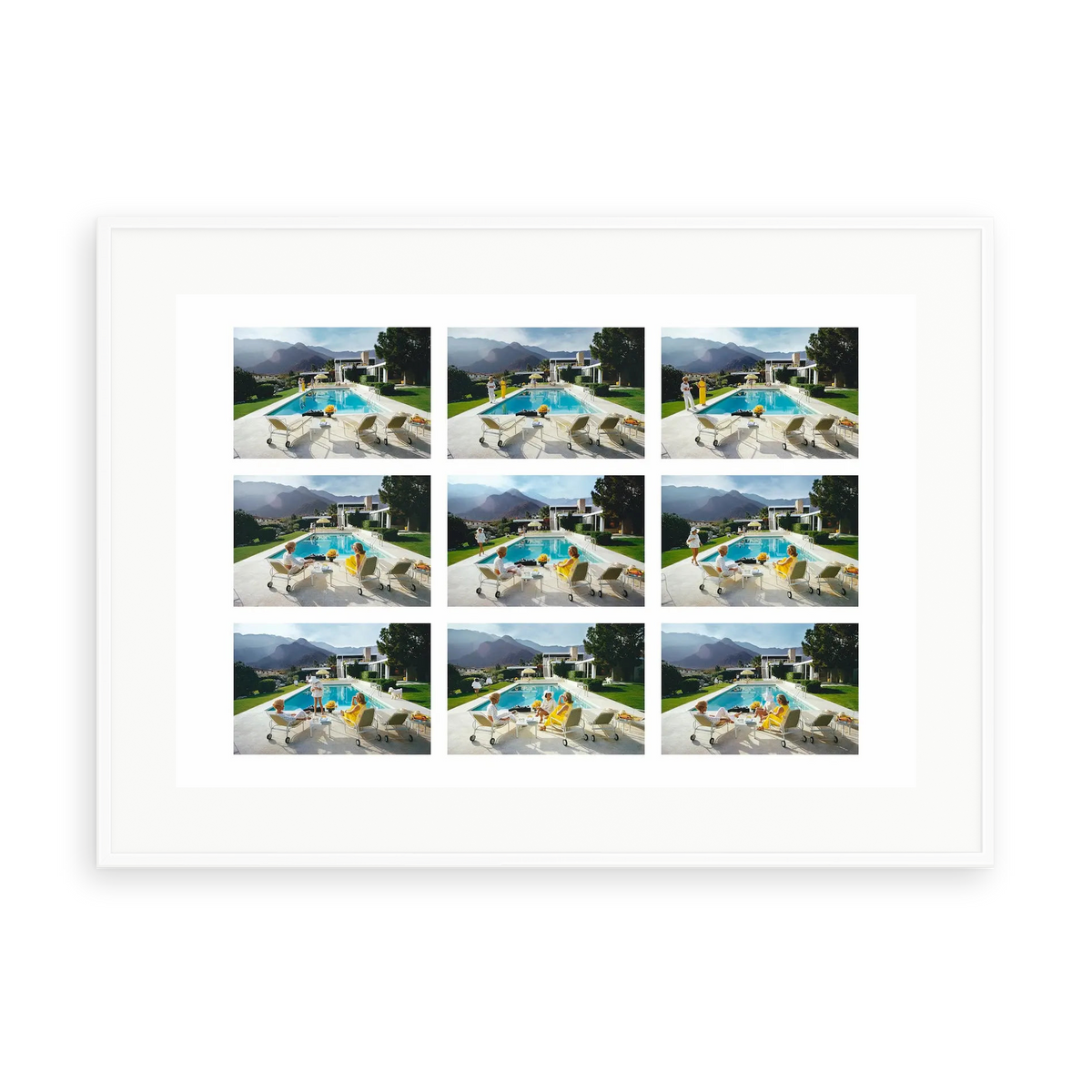 Illustrative matte-white framed preview with white inner border of A Poolside Story by Slim Aarons. Proportions vary by size.