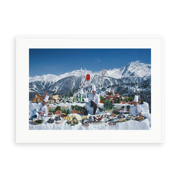 Illustrative matte-white framed preview with white inner border of Culinary Heights by Slim Aarons. Proportions vary by size.