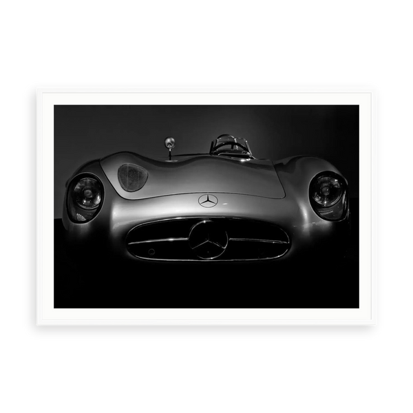 Silver Arrow — illustrative matte-white framed paper print with white mat; proportions vary by size.