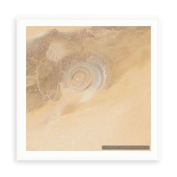 The Desert Eye No. 1 — illustrative matte-white framed paper print with white mat; proportions vary by size.