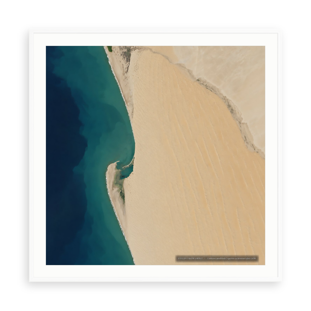 The Dune’s Edge No. 1 — illustrative matte-white framed paper print with white mat; proportions vary by size.