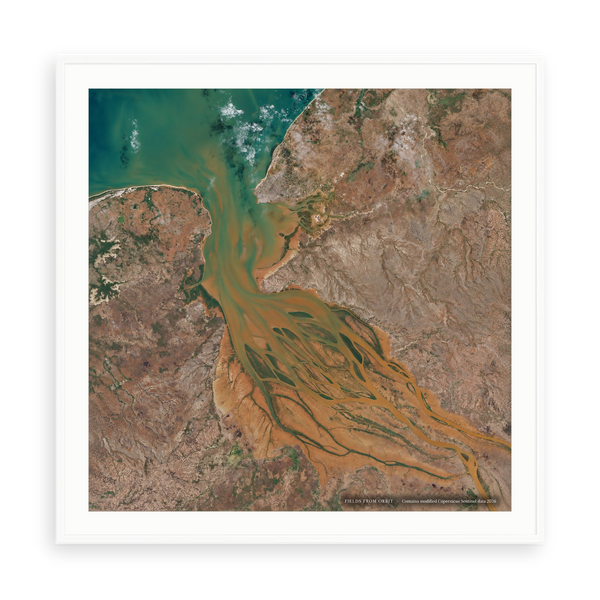 The Red Estuary No. 1 — illustrative matte-white framed paper print with white mat; proportions vary by size.