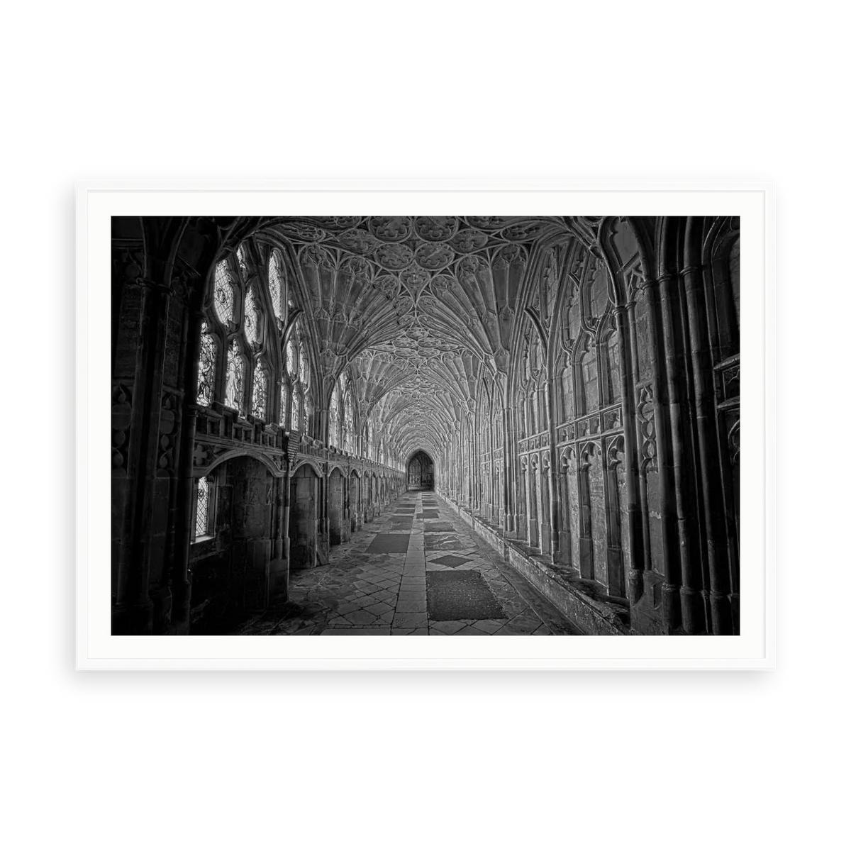 Gloucester Cathedral Black and White Photograph by M. Beck — illustrative matte-white framed paper print with white mat; proportions vary by size.