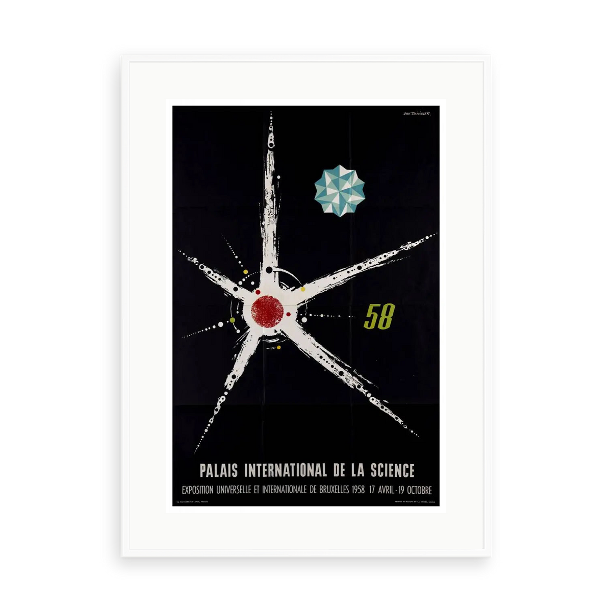 1958 Palais International De La Science Brussels — illustrative matte-white framed paper print; original artwork and mat preserved.