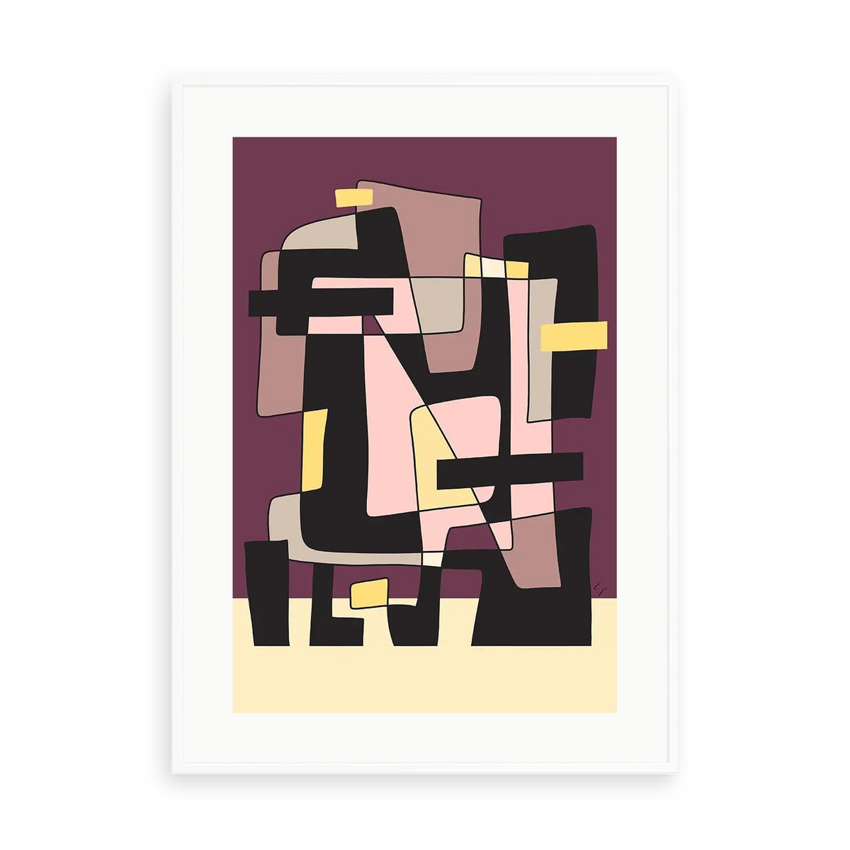 Abstract Geometric 5 by Yolanda Carbayo — illustrative matte-white framed preview with a white mat. Proportions vary by size.