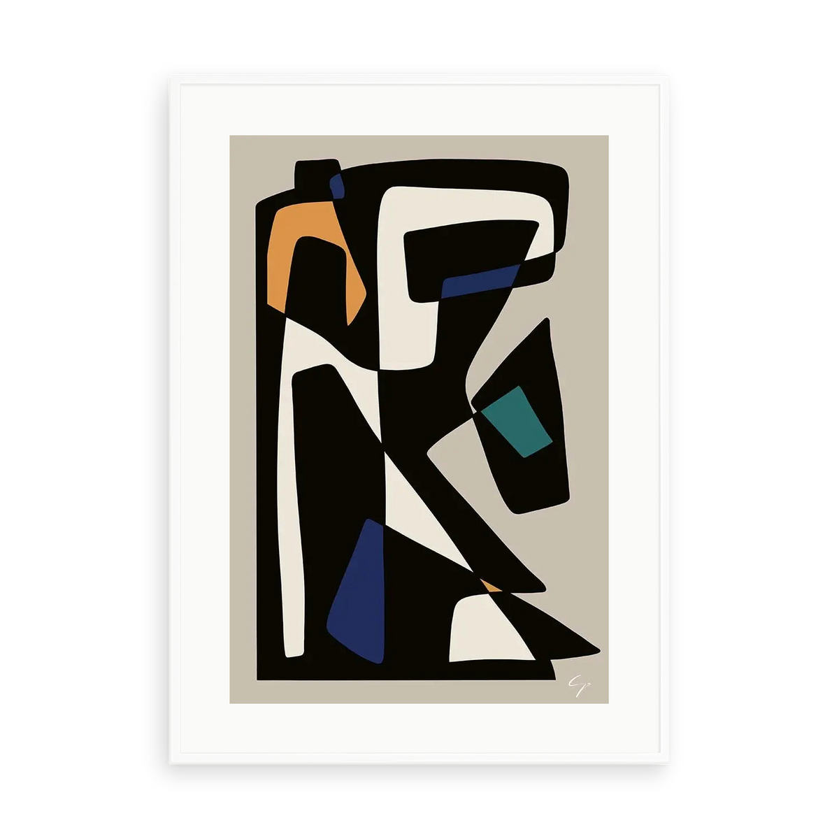 Abstract Geometric 4 by Yolanda Carbayo — illustrative matte-white framed preview with a white mat. Proportions vary by size.