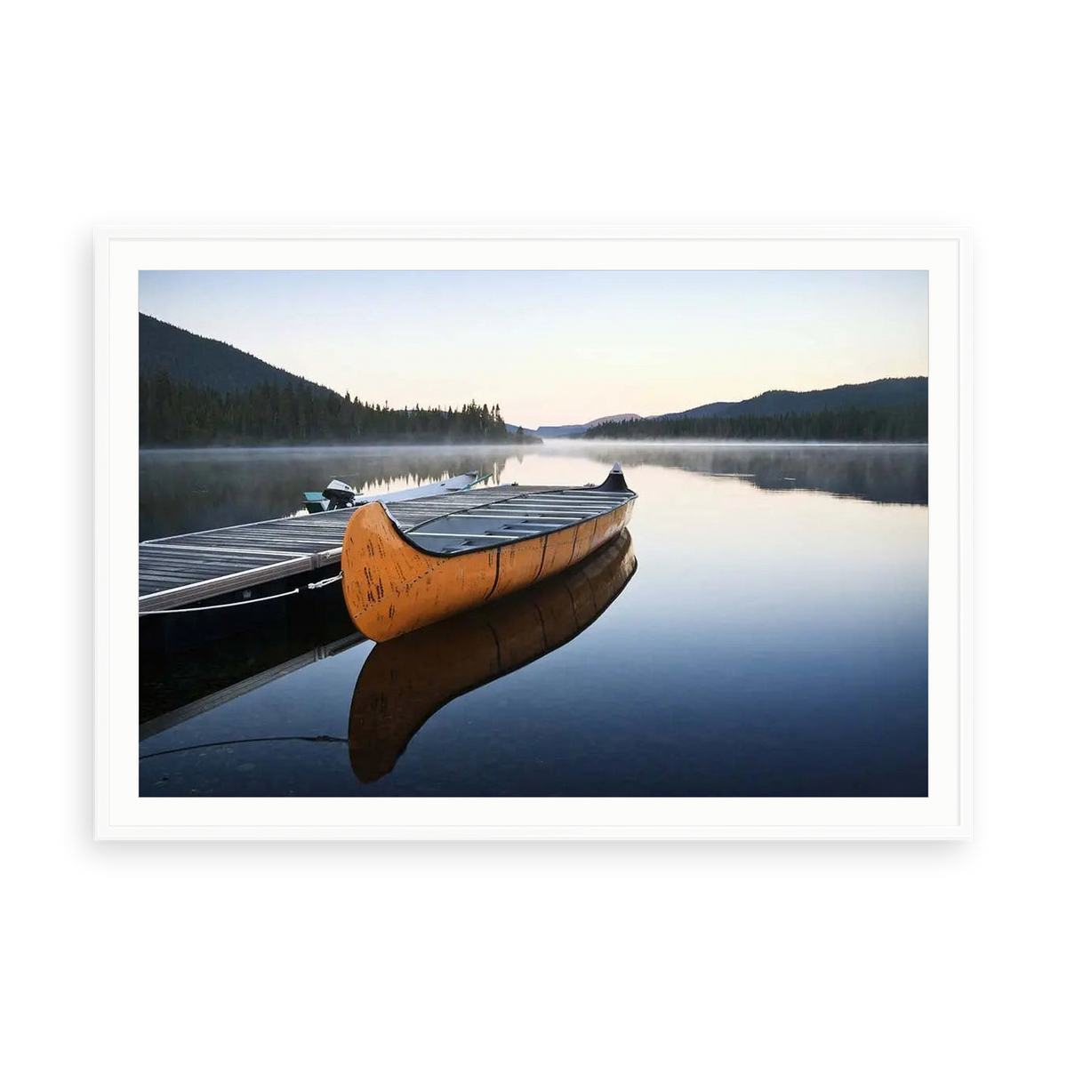 Tranquil Morning at Lake Cascapedia, Quebec — illustrative matte-white framed paper print with white mat; proportions vary by size.