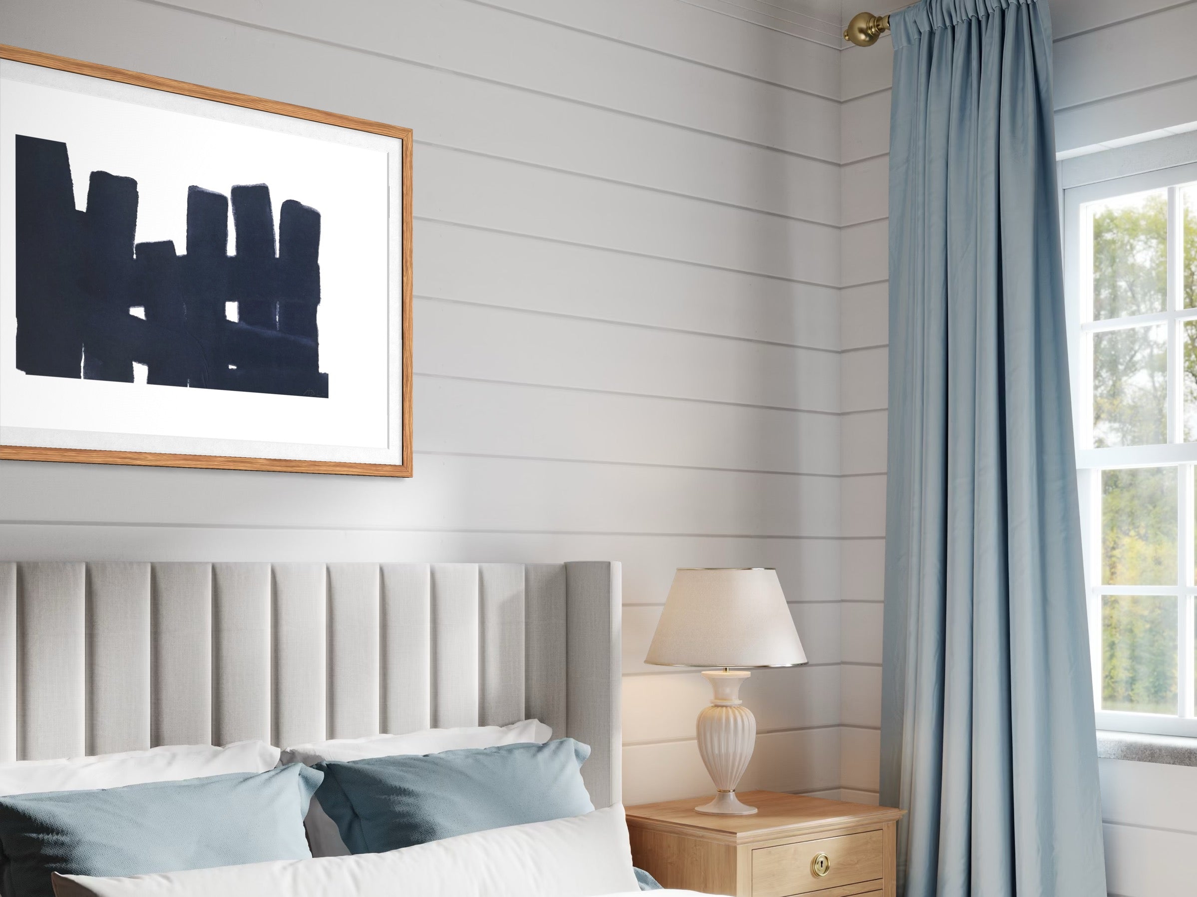 Still Thought by Marie Adeline displayed above a bed in a soft neutral bedroom, curated for hotels and luxury residences, offering tailored art solutions and exclusive art prints.