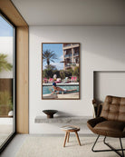 Modern living room with a Poolside in Marrakesh Morocco by Slim Aarons featuring elegant resort leisure and Moroccan architecture in a luxury poolside setting.