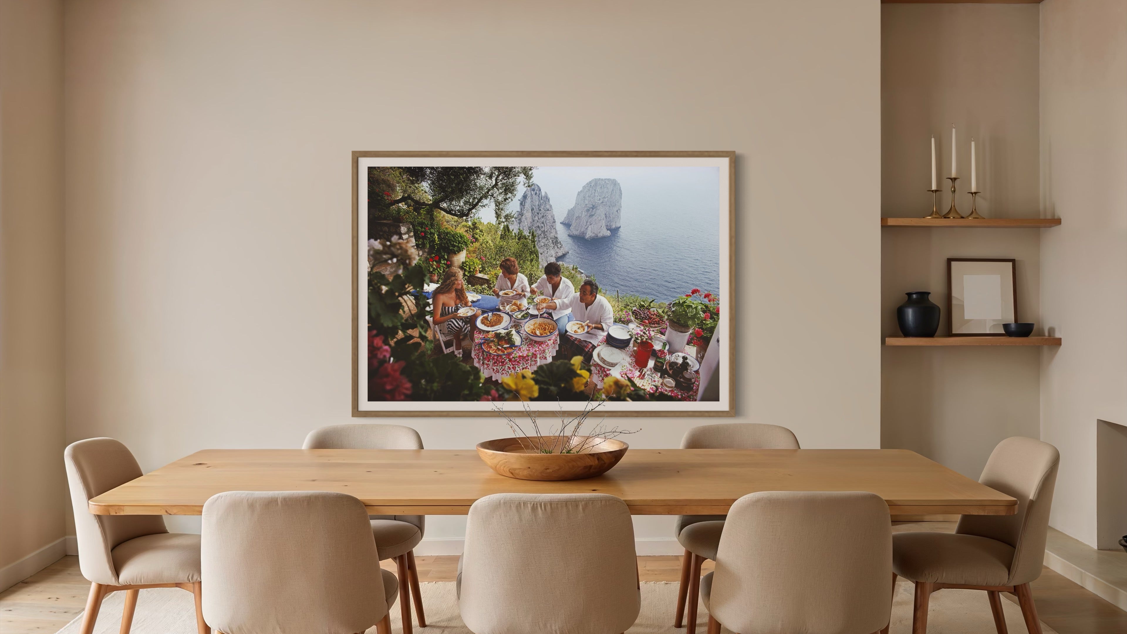 Slim Aarons’ Dining Al Fresco in an elegant dining space, elevating high-end interiors with bespoke art prints and The Picturalist custom framing.
