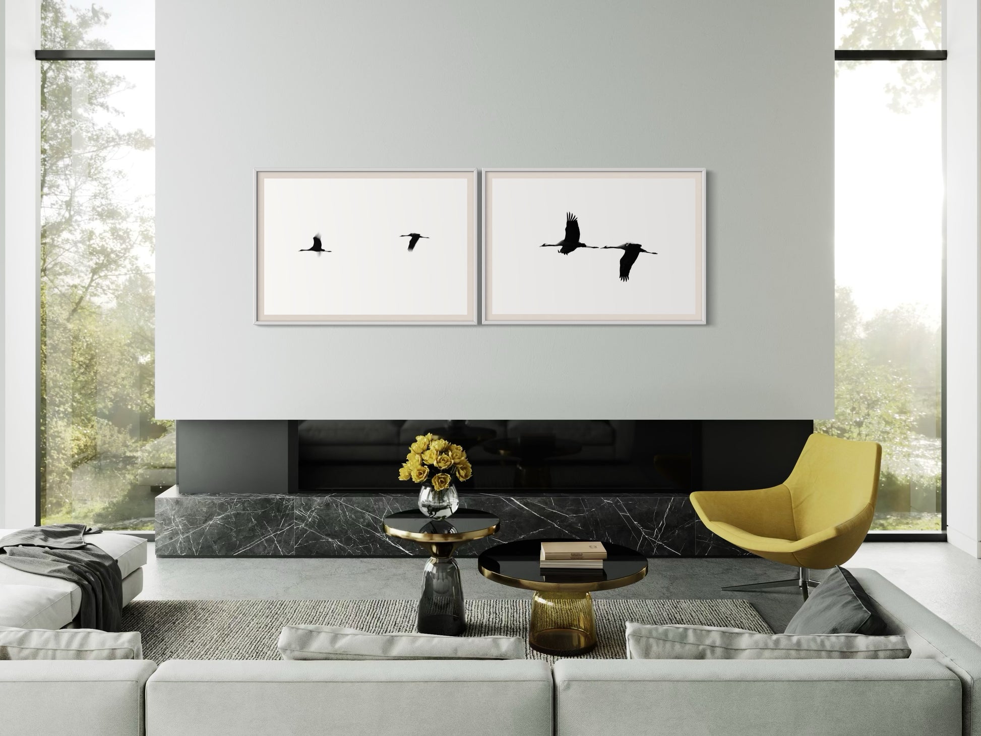 Modern living room with a yellow chair, gray sofa, and decorative wall art.