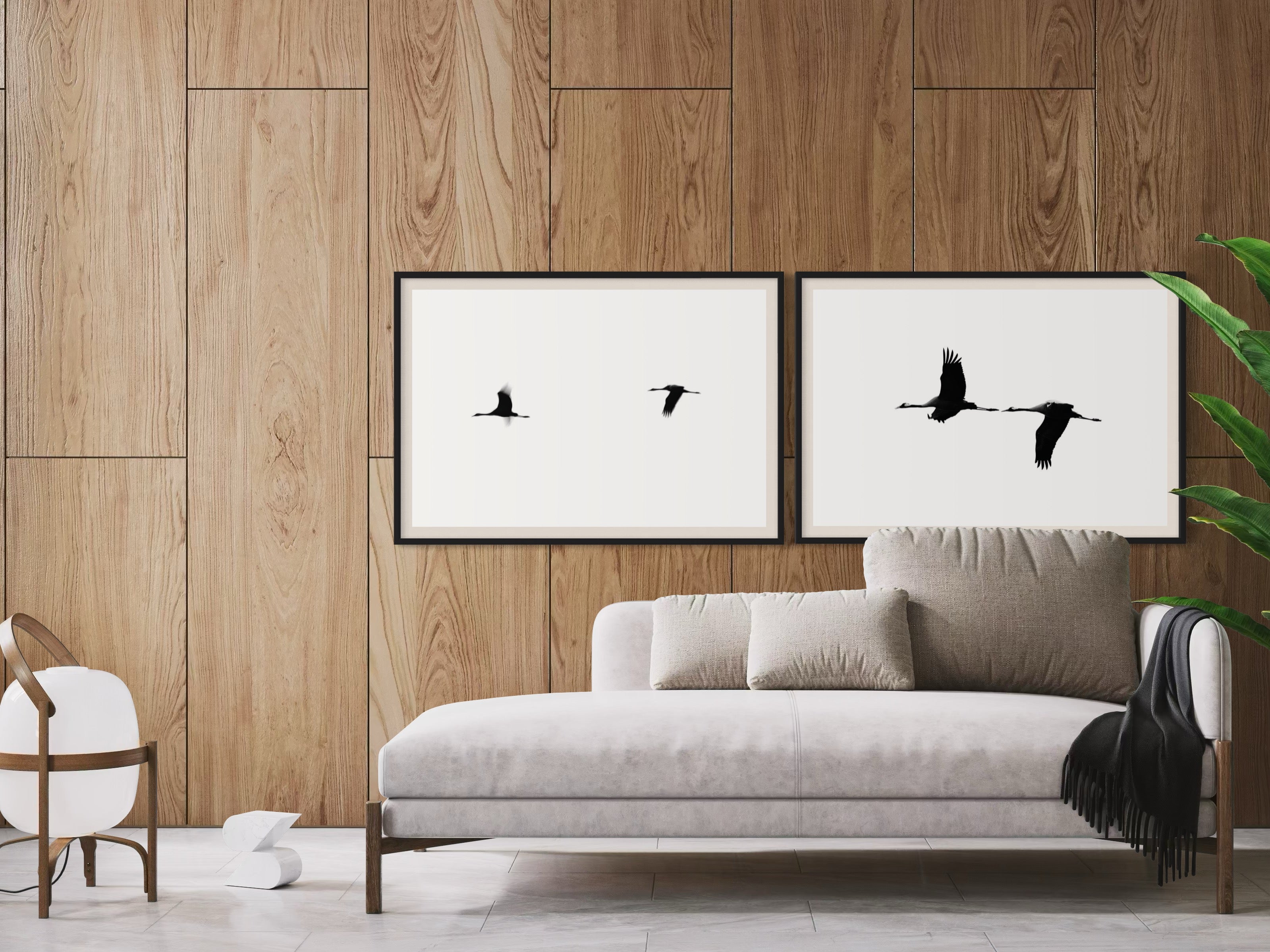 Two framed black and white artworks of birds on a wooden wall above a sofa.