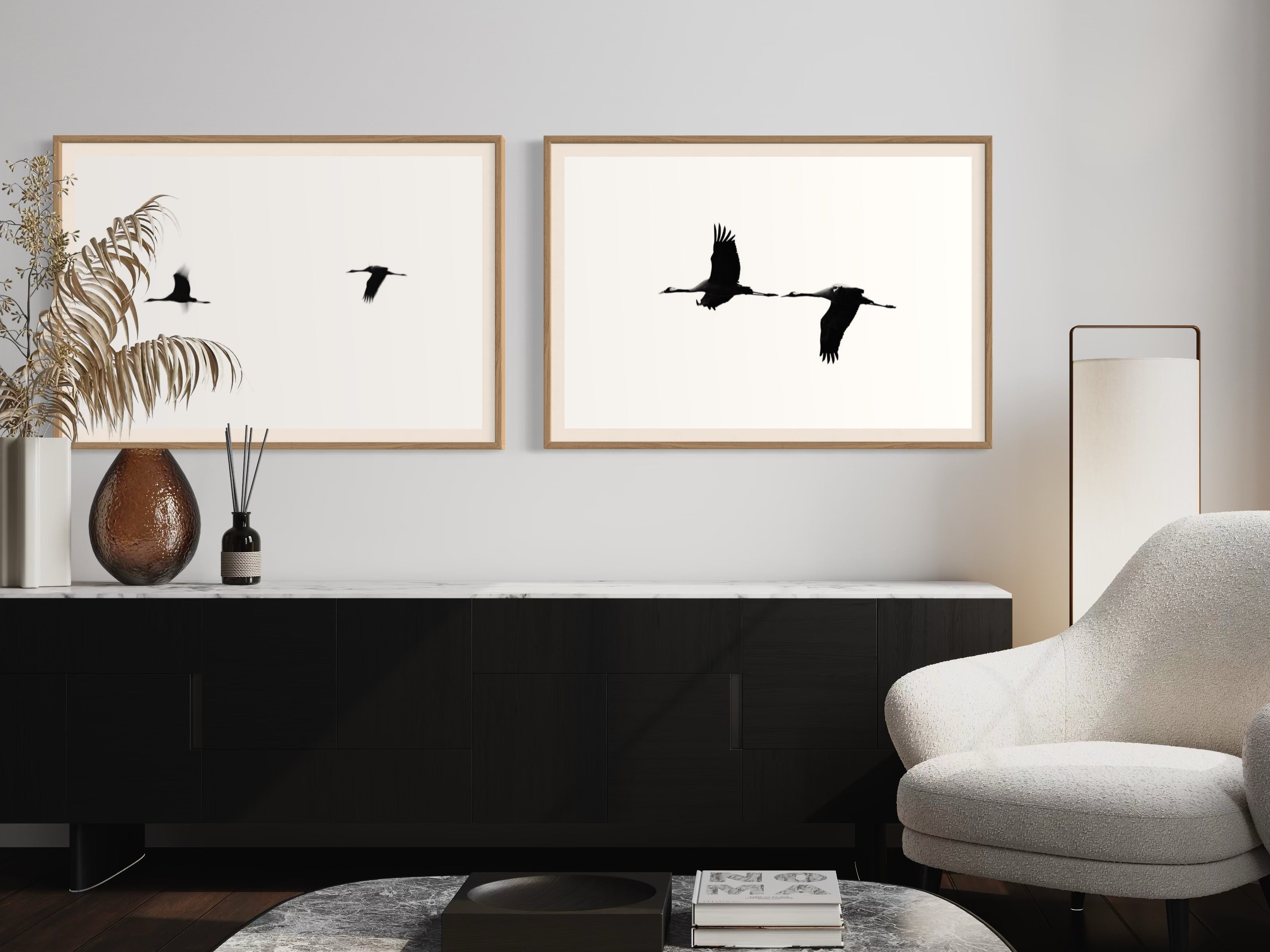 Two framed prints of birds on a wall above a console table in a living room.