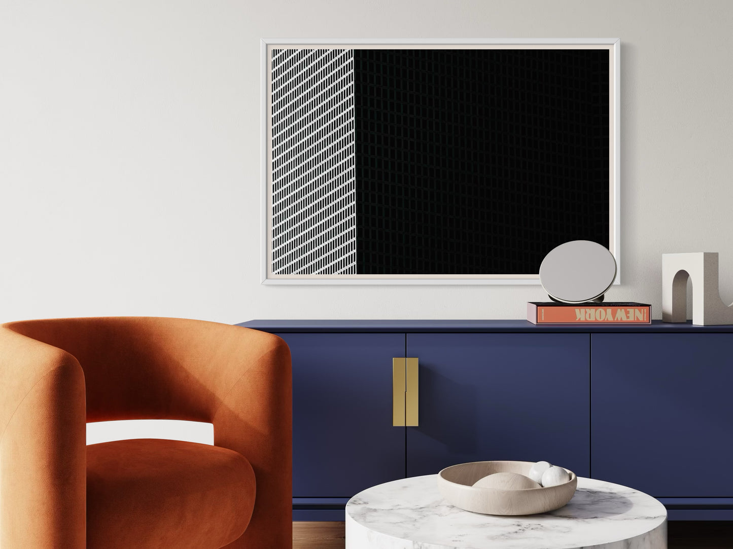 Modern interior with an orange armchair, blue cabinet, and marble table.