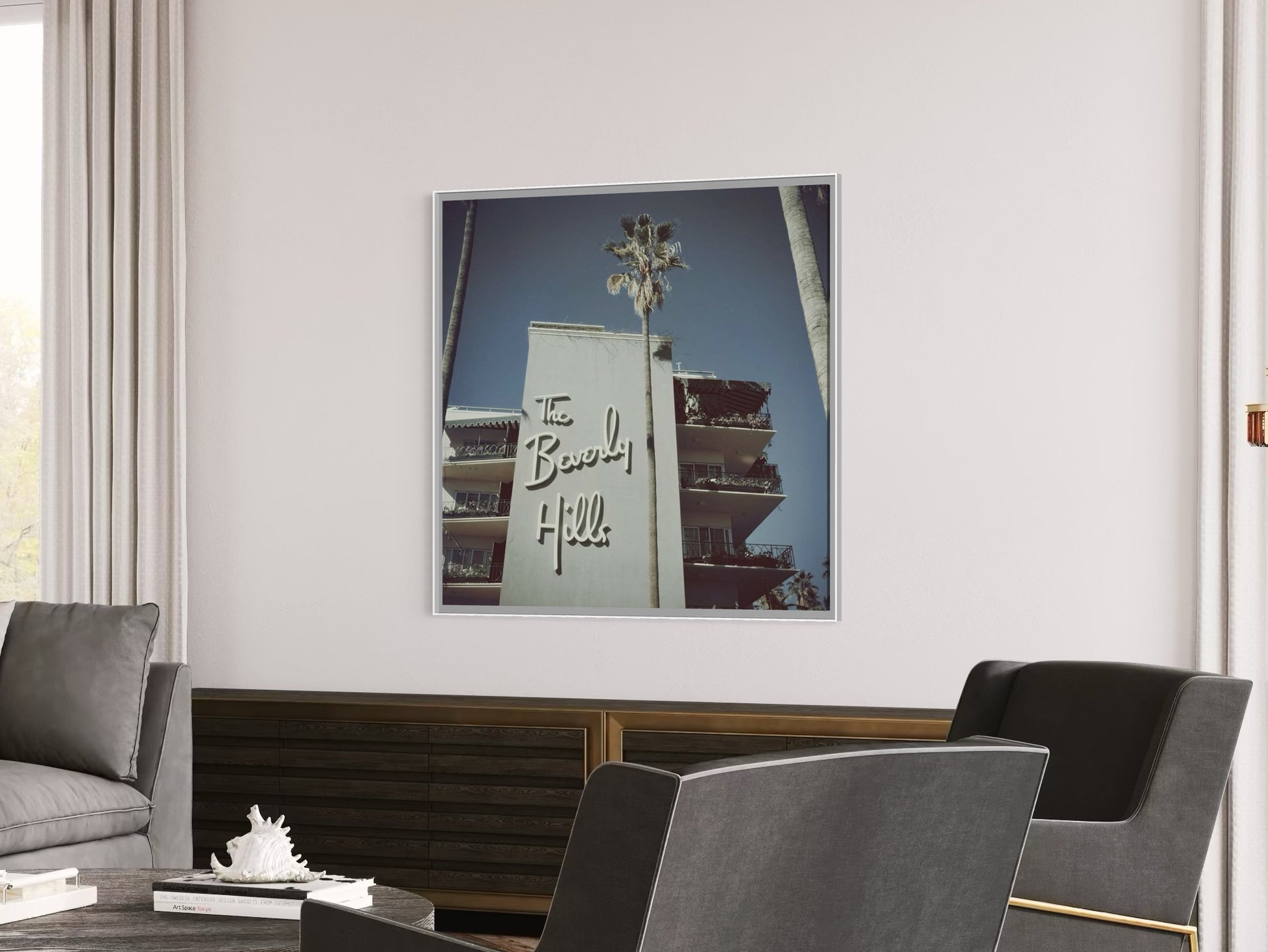 Framed artwork of the Beverly Hills sign in a modern living room.