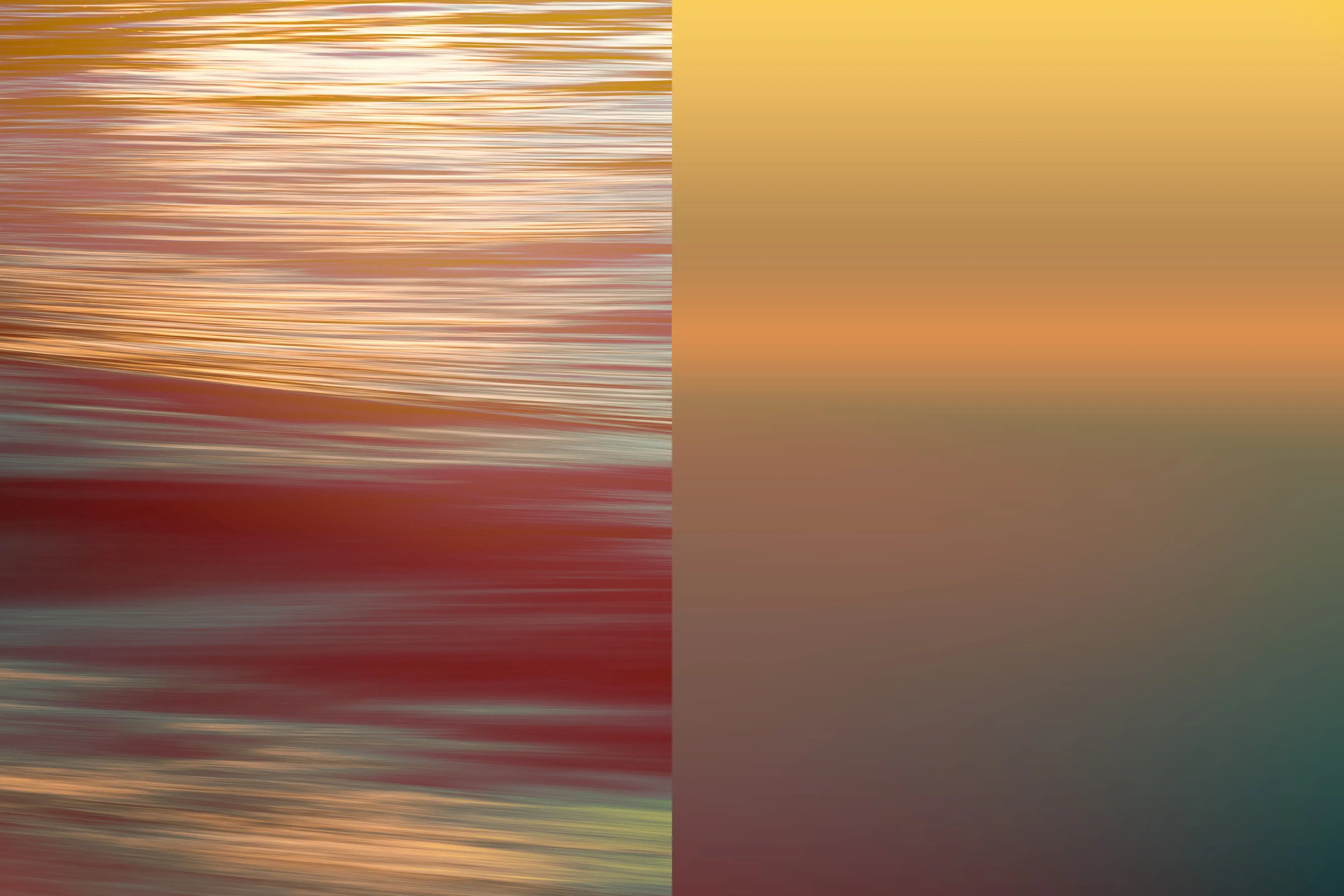 Abstract gradient background with horizontal bands of red, orange, yellow, and muted teal, split vertically with a blurred warm-toned section on the left.